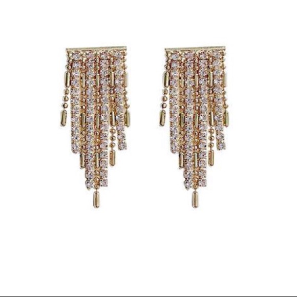 Earrings Gold Tone Cubic Zirconia Fringe Bling Evening Cocktail Party Brand New